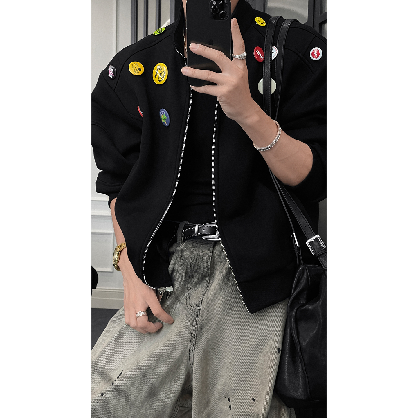 龙叨叨秋季新款潮流美式高级感徽章设计开衫卫衣百搭立领夹克外套 - 图2