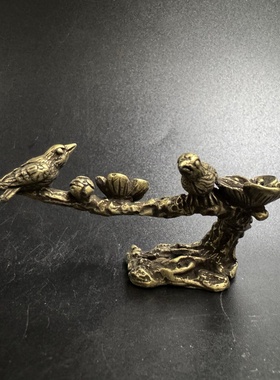 纯铜喜鹊枝头一柱香香插迷你黄铜梅花树枝小鸟梅枝意境铜小摆件