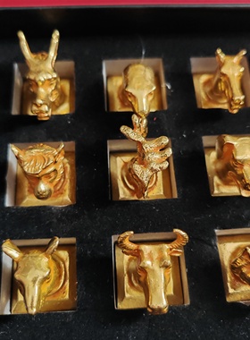 十二生肖兽印古玩杂项生肖文玩纯铜镀金十二生肖印章套盒摆件家居