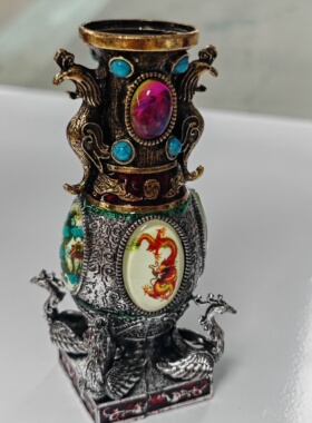 乡下收淘复古瑞兽鎏金瓶摆件双面镶宝石烟具特色手工艺品仿古铜器