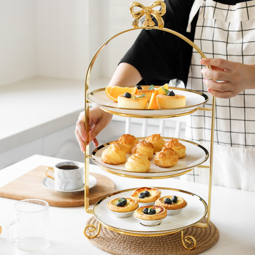 欧式奢华现代客厅茶几摆件金色蛋糕架甜品台三层水果点心零食托盘 - 图0