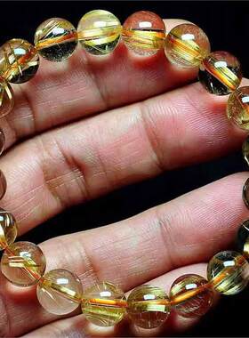 天然金发晶水晶手链女巴西钛晶黄色招财转运珠子耐磨金发丝手串男