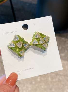 重工绿色几何形金丝宝石耳环气质高级感镀18K金高质量耳饰品