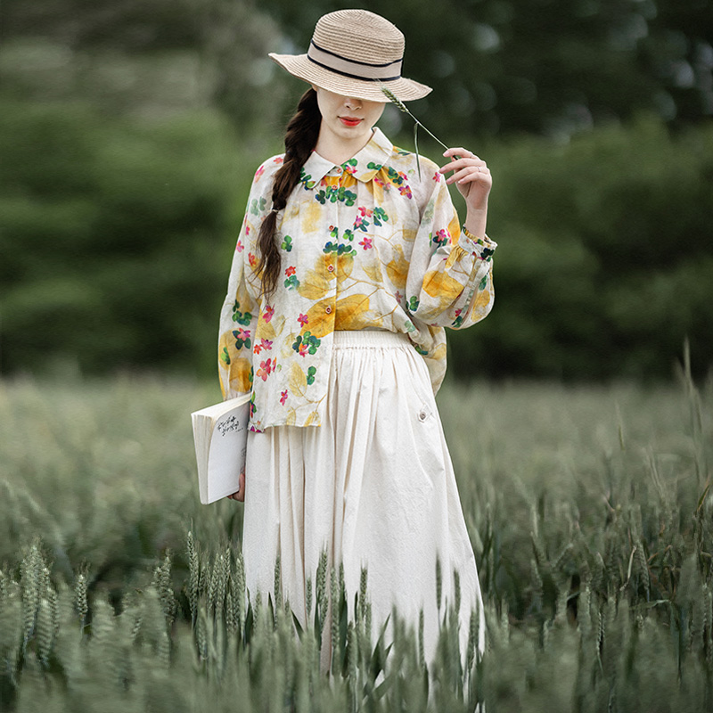 出清【林花如锦】苎麻印花衬衫女春夏新款宽松衬衣长袖上衣防晒衫-图0