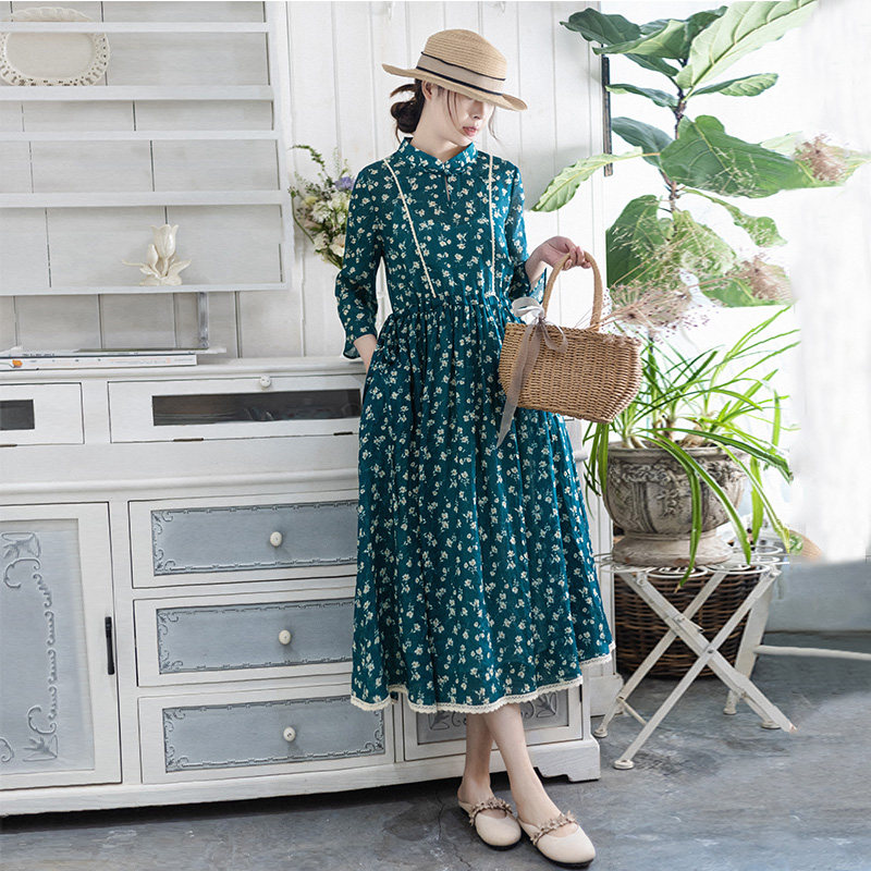 5折【春游限定】苎麻印花连衣裙女春季新款收腰中式立领盘扣长裙,淘宝优惠券,粉丝福利购,淘宝优惠卷