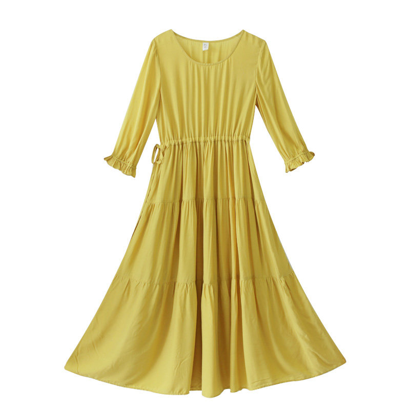 【出清】垂感连衣裙女长袖夏季裙2025新款气质黄色长裙收腰拼接裙,淘宝优惠券,粉丝福利购,淘宝优惠卷