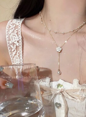 早春配饰珍珠项链简约高级感双层叠戴挂脖山茶花毛衣链女锁骨链