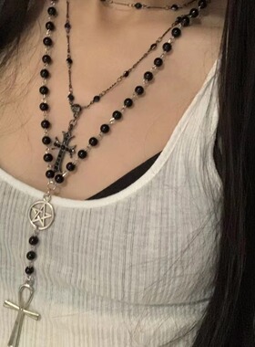 潮酷复古暗黑十字架珠串项链小众长款亚文化辣妹珠子高级感毛衣链