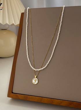 双层叠戴珍珠玫瑰花项链女锁骨链