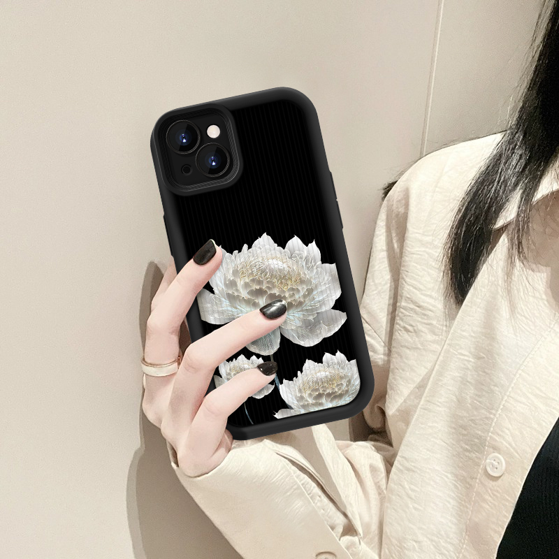 适用于苹果13手机壳三朵白昙花iphone6/7/8防摔挂绳iphone11/12mini镜头全包iphonex液态硅胶iphone14/15新款 - 图0