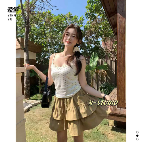 N W3965大码甜辣风波点吊带背心女夏季蝴蝶结蕾丝边内搭外穿上衣 - 图3