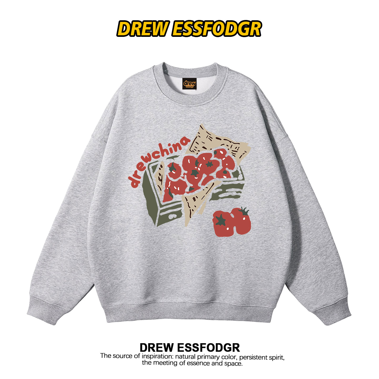 drew美式复古潮牌涂鸦番茄印花圆领卫衣男女情侣宽松秋冬加绒外套
