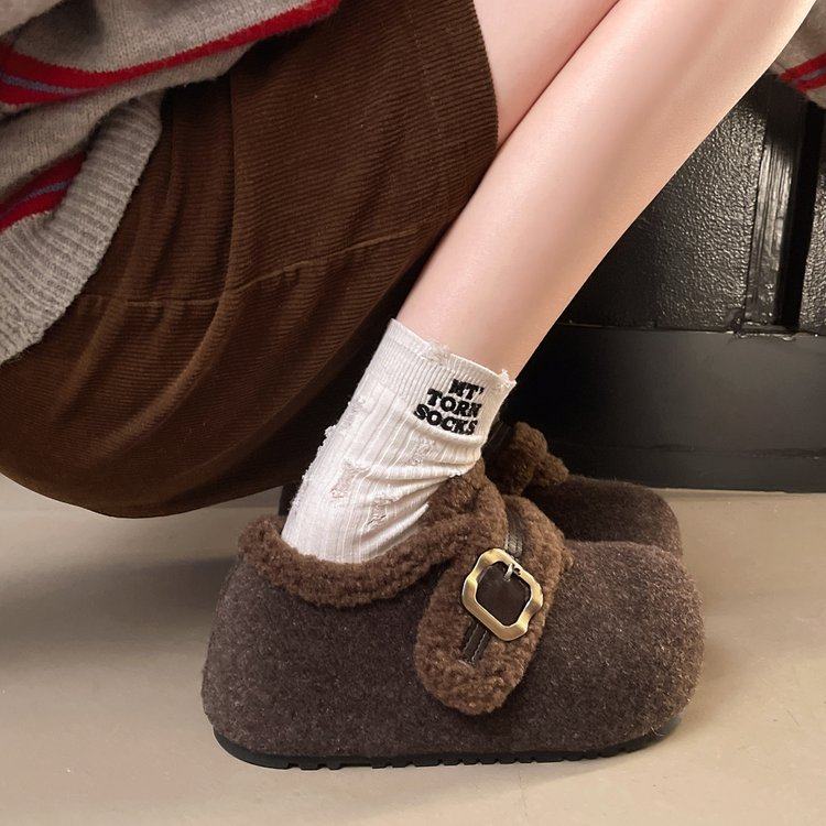 2025年冬季新款时尚百搭拼接厚底增高面包金属扣废土风包头毛毛鞋,淘宝优惠券,粉丝福利购,淘宝优惠卷