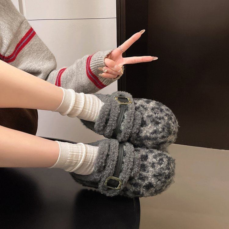 2025年冬季新款时尚百搭拼接厚底增高面包金属扣废土风包头毛毛鞋,淘宝优惠券,粉丝福利购,淘宝优惠卷