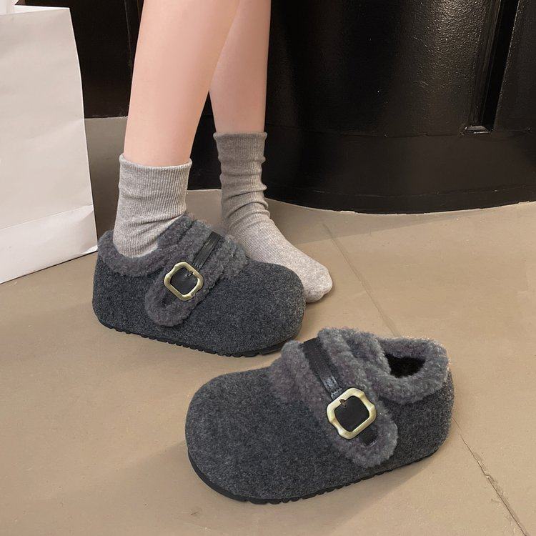 2025年冬季新款时尚百搭拼接厚底增高面包金属扣废土风包头毛毛鞋,淘宝优惠券,粉丝福利购,淘宝优惠卷