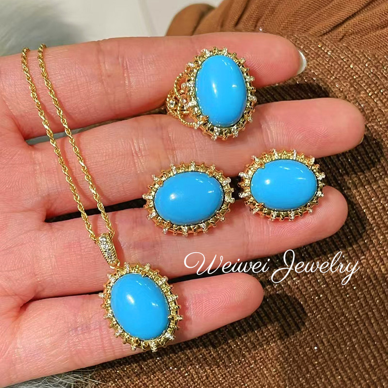 小众轻奢复古s925银镀Ｋ金古董珠宝镶钻绿松石大耳钉吊坠套装,淘宝优惠券,粉丝福利购,淘宝优惠卷