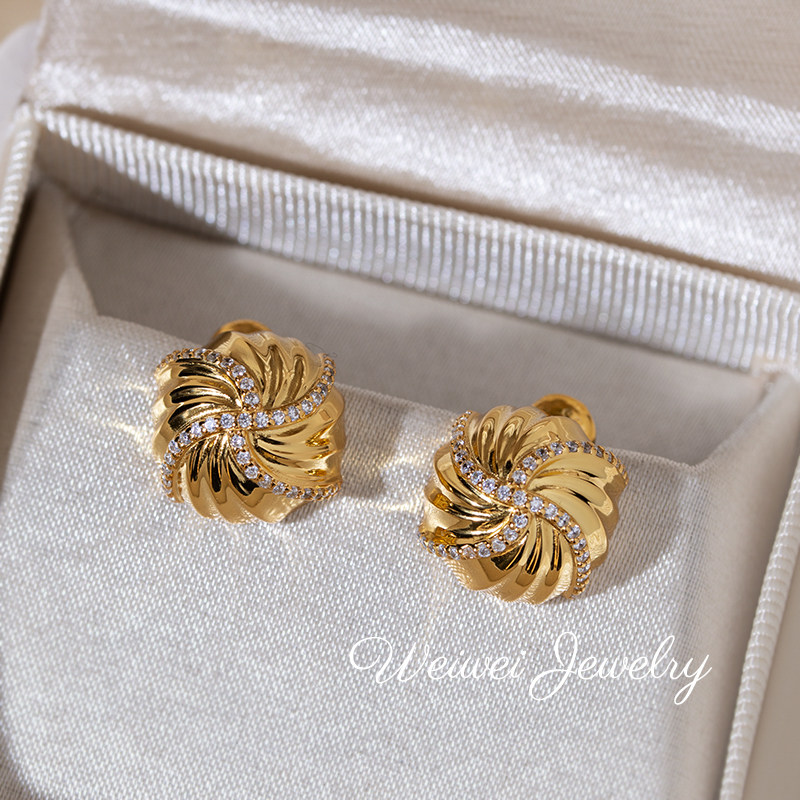 扭纹绣球耳钉法式轻奢复古S925银镀18K金旋纽圆球镶钻耳钉耳饰女,淘宝优惠券,粉丝福利购,淘宝优惠卷