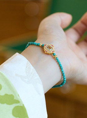 湖北原矿天然绿松手链女S925银镶蓝水翡翠细文玩手串闺蜜礼物