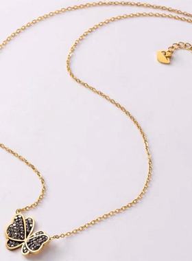 甜酷钛钢镀金黑蝴蝶项链女不掉色