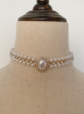 西洋复古马贝珍珠项链耳钉无洞耳夹赫本风优雅旗袍颈链锁骨链套装