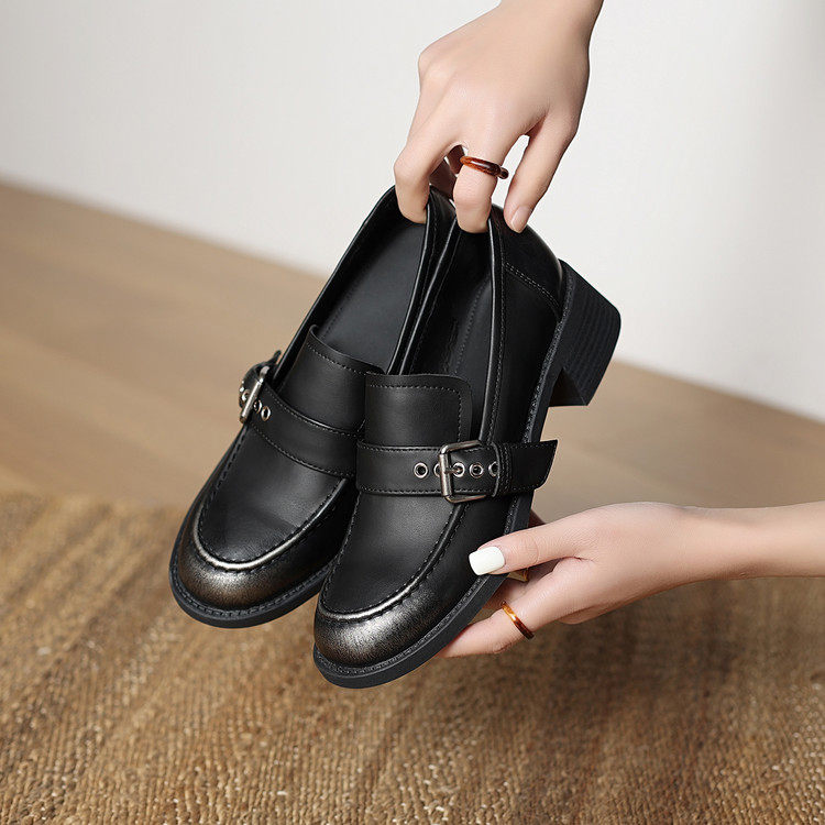 圆头粗跟橡胶胶粘工艺头层猪皮深口单鞋,淘宝优惠券,粉丝福利购,淘宝优惠卷