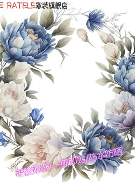 蓝色牡丹花朵青花瓷瓶贴画房间门窗粘贴纸贴墙家用贴花怀旧装饰画