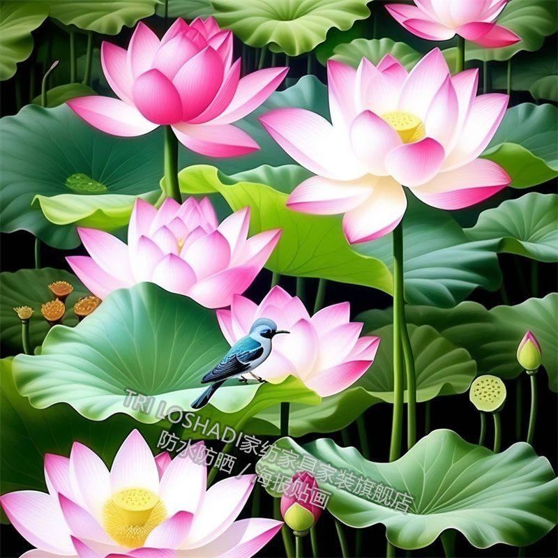中国风莲花图案净秽荷花图山水艺术贴画卫生间客厅餐厅装饰墙贴纸,淘宝优惠券,粉丝福利购,淘宝优惠卷