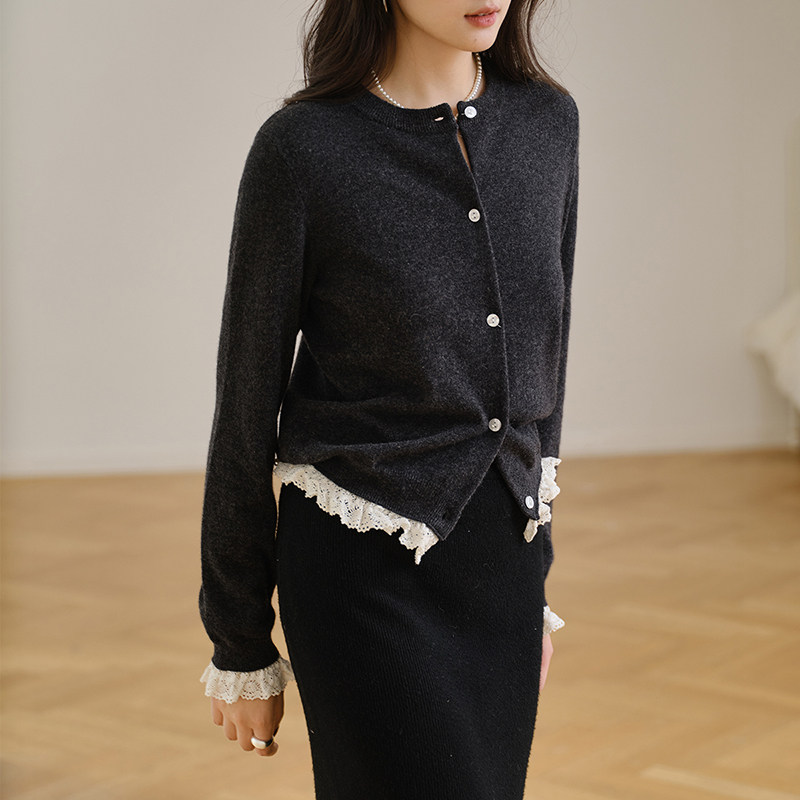 思诺芙德圆领镂空花边羊绒开衫女25秋季新款气质法式复古针织毛衣,淘宝优惠券,粉丝福利购,淘宝优惠卷