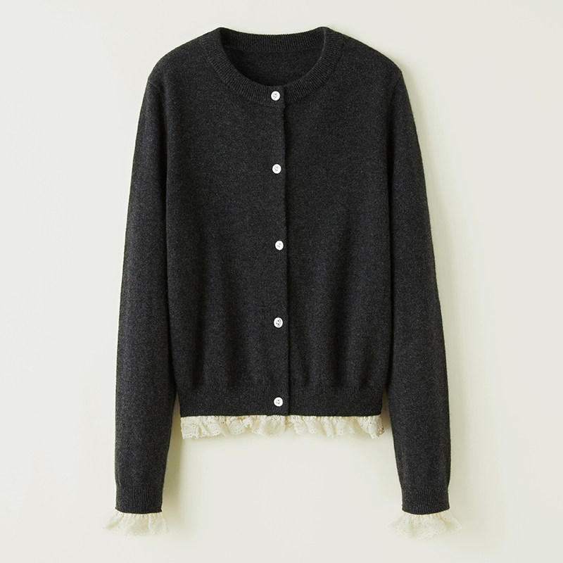 思诺芙德圆领镂空花边羊绒开衫女25秋季新款气质法式复古针织毛衣,淘宝优惠券,粉丝福利购,淘宝优惠卷