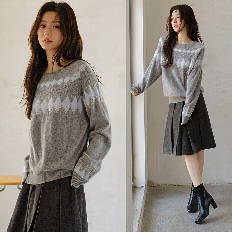 思诺芙德圆领菱格100%山羊绒衫女慵懒风收口提花毛衣25秋冬新款,淘宝优惠券,粉丝福利购,淘宝优惠卷