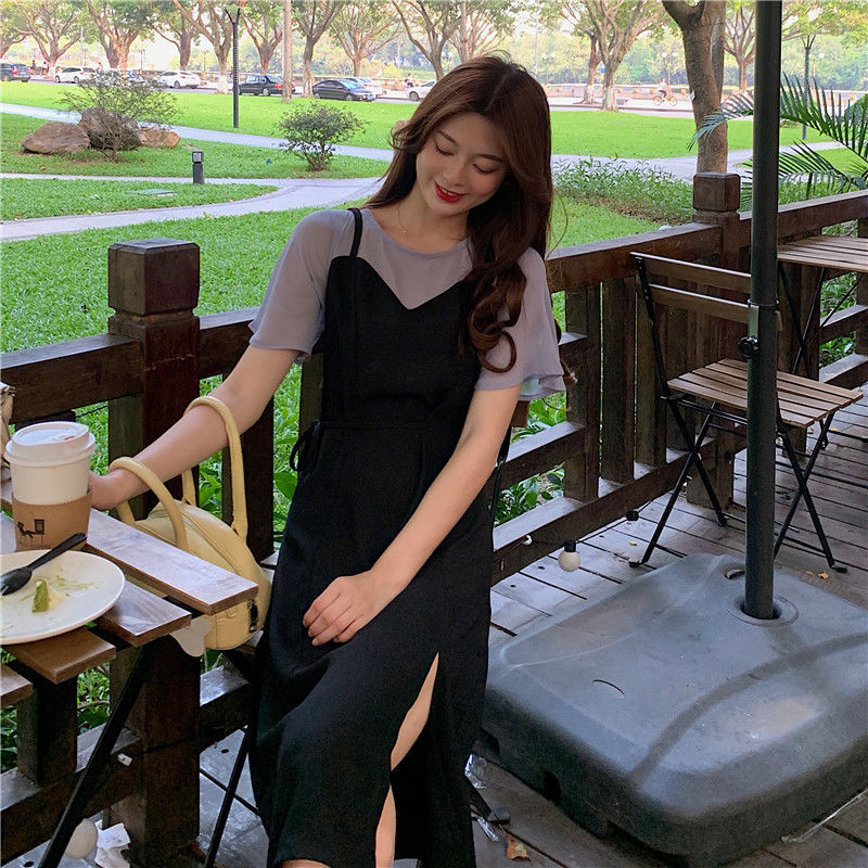 新款假两件吊带连衣裙仙女裙甜辣风开叉裙子收腰显瘦气质长裙子_女装_女士精品