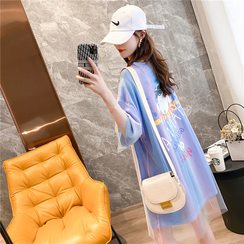 中长款彩色网纱拼接卡通短袖T恤女网红设计感上衣夏装韩版宽松版_女装_女士精品