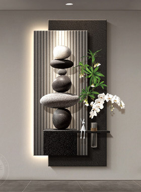 现代轻奢玄关装饰画石来运转走廊过道挂画高级感水培绿植入户壁画
