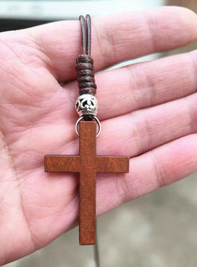 手工编织大小号木十字架吊坠项链