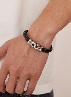 欧美个性潮人复古皮绳手链黑色精致皮手环送男友礼物霸气钛钢手镯