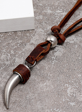 狼牙吊坠复古皮绳项链可调节