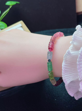 天然彩虹碧玺回纹珠单圈手链晶体通透干净高端配色女生日礼