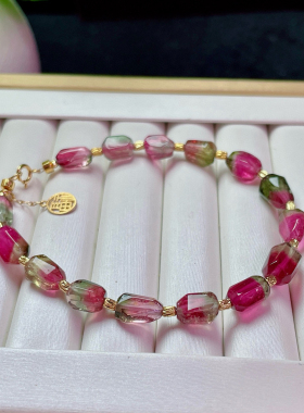 天然电光蓝碧玺方糖原石手链18k金原创电光蓝绿碧玺女生日礼物