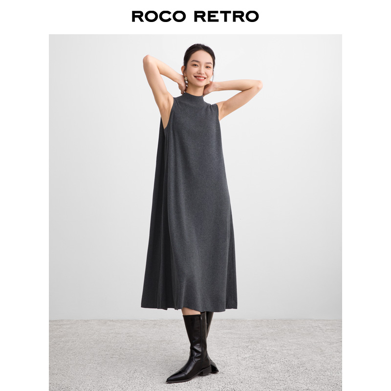 ROCO时髦百搭16针超细羊毛简约半高领大摆针织连衣裙内搭无袖长裙 - 图0