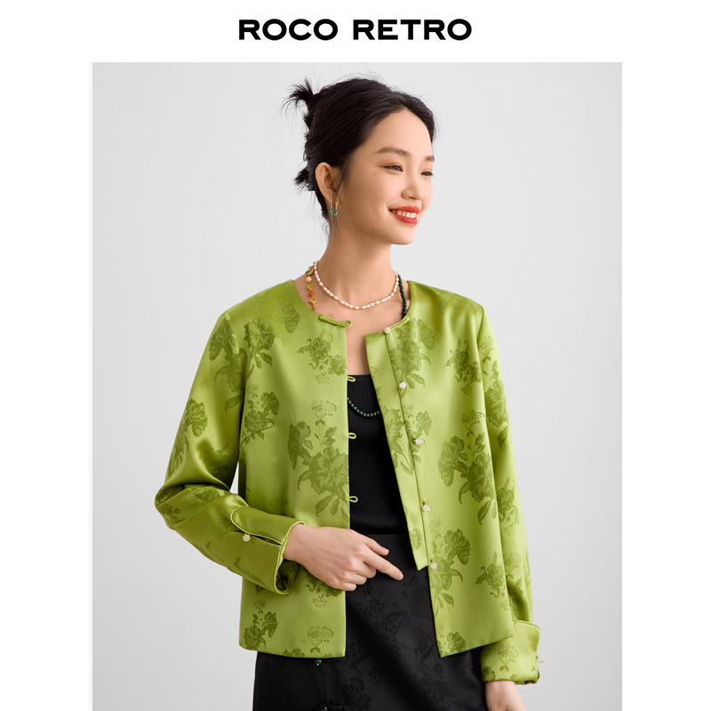 ROCO新中式国风系列 垂坠醋酸面料石竹提花对襟圆领外套绿色上衣