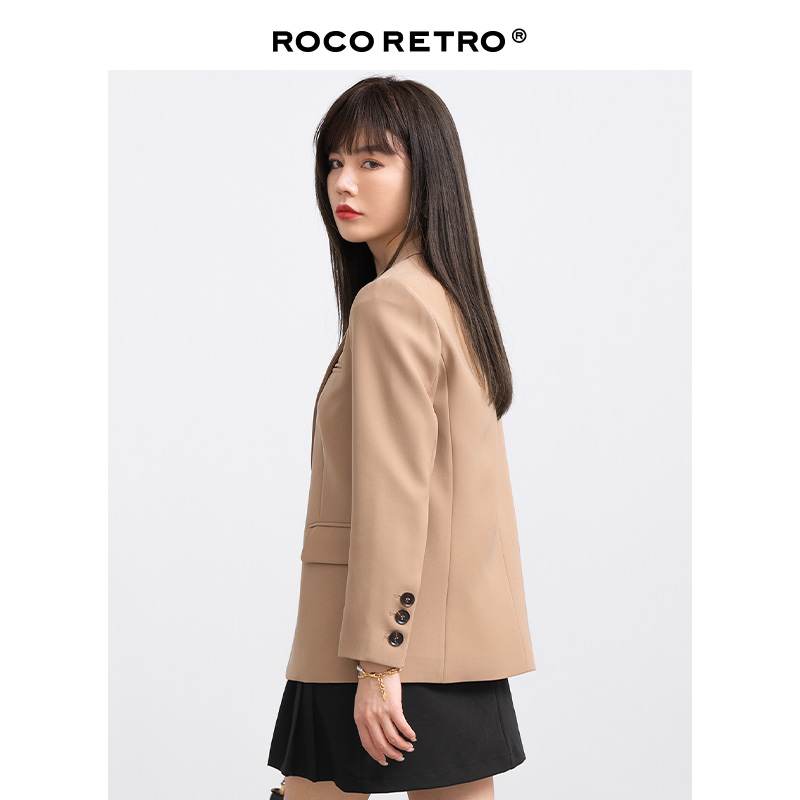 ROCO复古卡其色小西装外套女休闲高级设计感小众chic西服上衣