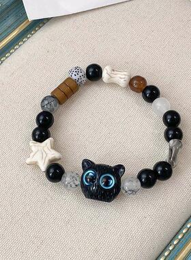 星星奶酪黑小猫咪情侣手链ins