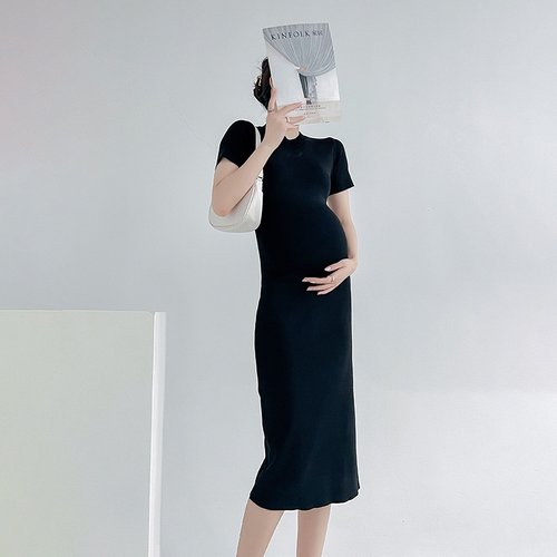 网红孕妇装短袖针织修身显瘦孕妇连衣裙 - 图2