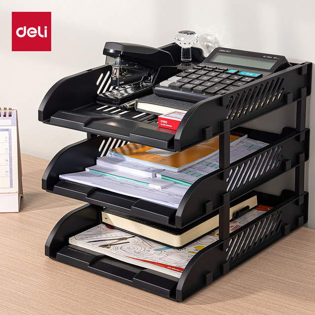 New product Deli 9217ES file disk three-layer plastic detachable file box A4 data storage box desktop office sorting classification file disk bookshelf office supplies