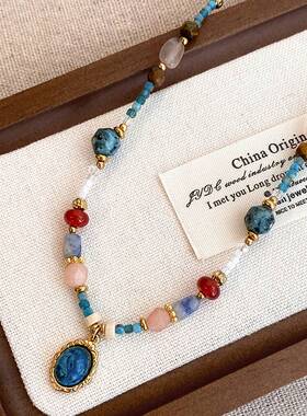 彩色石头串珠椭圆吊坠项链中古风气质百搭锁骨链轻奢高级感饰品女
