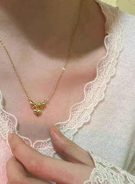 新款简约蝴蝶结爱心项链女甜美感锁骨链气质ins颈链锁骨项链