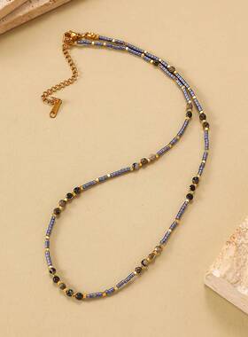 镀金色中国风复古气质天然玛瑙石榴石水晶日本米珠项链女百搭高级