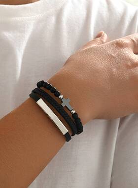 跨境欧美个性时尚百搭叠戴皮革不锈钢手镯男士手镯网红ins风首饰