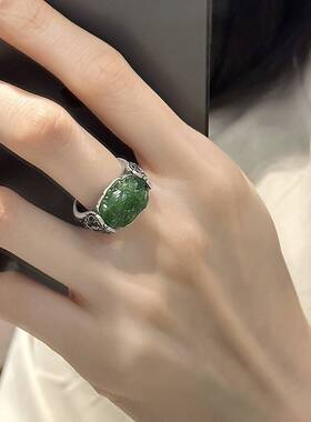 足银和田玉牡丹蝴蝶做旧戒指女款小众复古民族风国潮开口戒送礼物