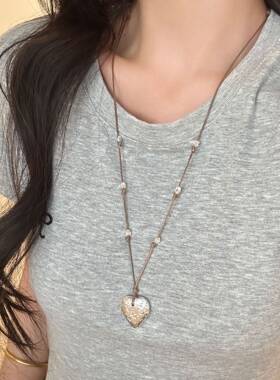 博主同款韩国ins简约长款抽拉链肌理感爱心可调节珠珠项链高级感